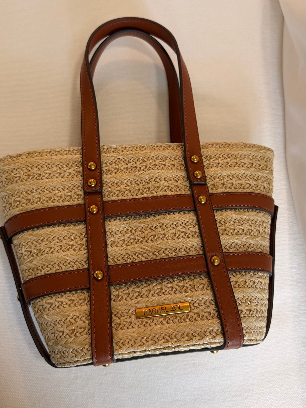 Rachel Zoe Natural Straw Mini Tote with Brown Leather Straps - Picture 3 of 3